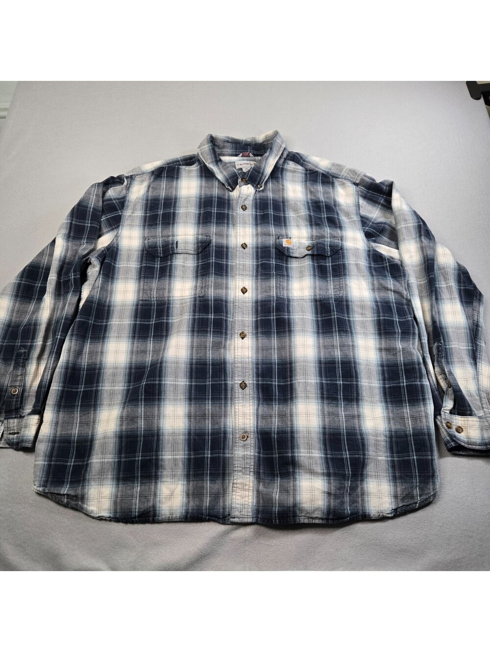 Carhartt Mens 3XL Fort Plaid Long Sleeve Button Down Shirt Navy Blue Workwear